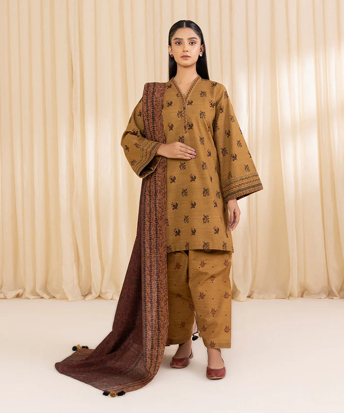 3 Piece Stitched - Printed Khaddar Suit (Mutard)