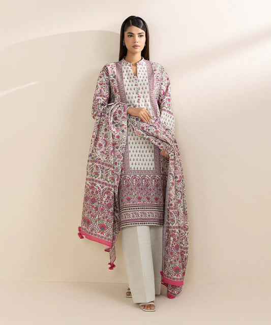 3 Piece Stitched - Printed Khaddar Suit (Ivory and Pink)